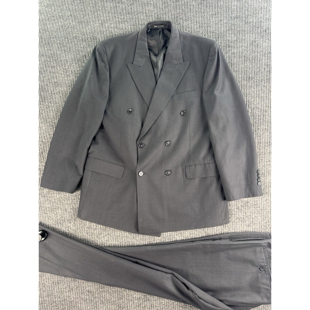 Vintage Mazzoni Suit Men 44R Gray Polyester Rayon Double Breasted Pants 37x30